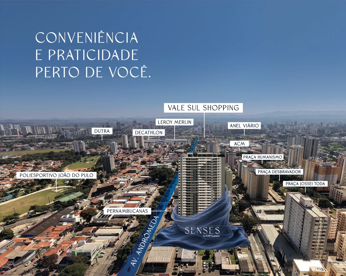 Vista aérea do SENSES com Vale Sul Shopping, Dutra, Decathlon e Leroy Merlin ao redor