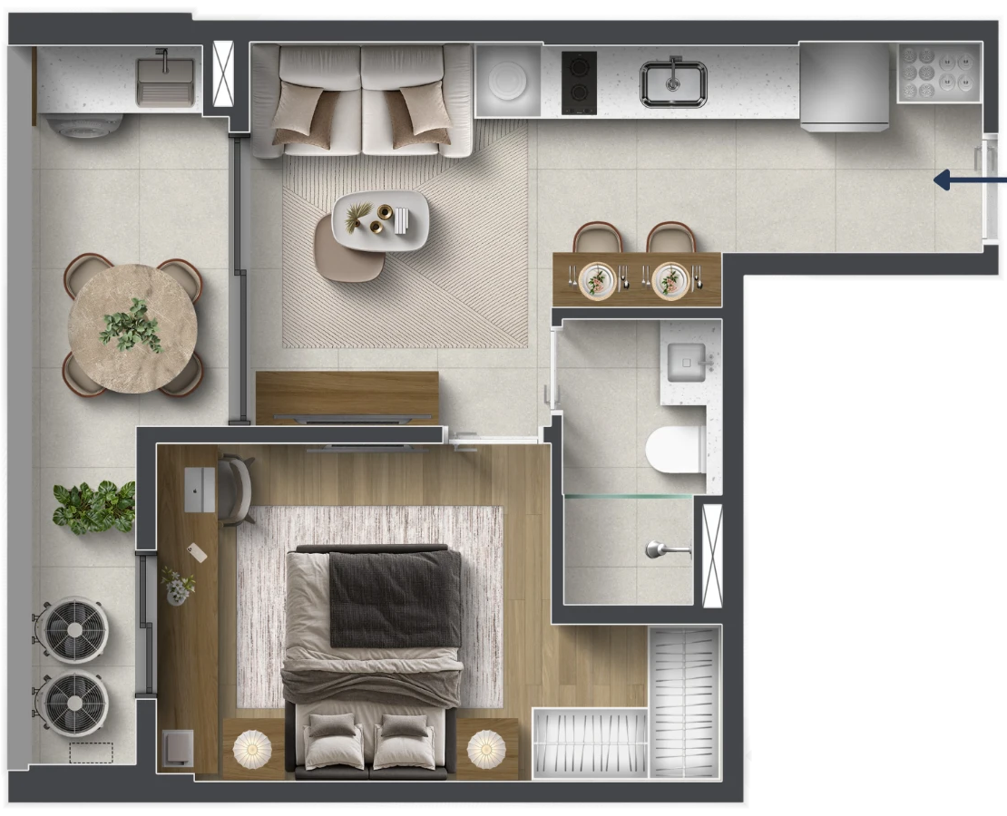 Planta de 1 dormitório, 41,72 m²