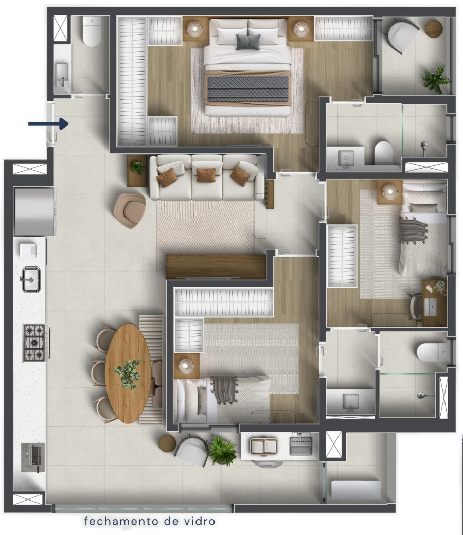 Planta de 3 suítes com lavabo, 84,05 m²